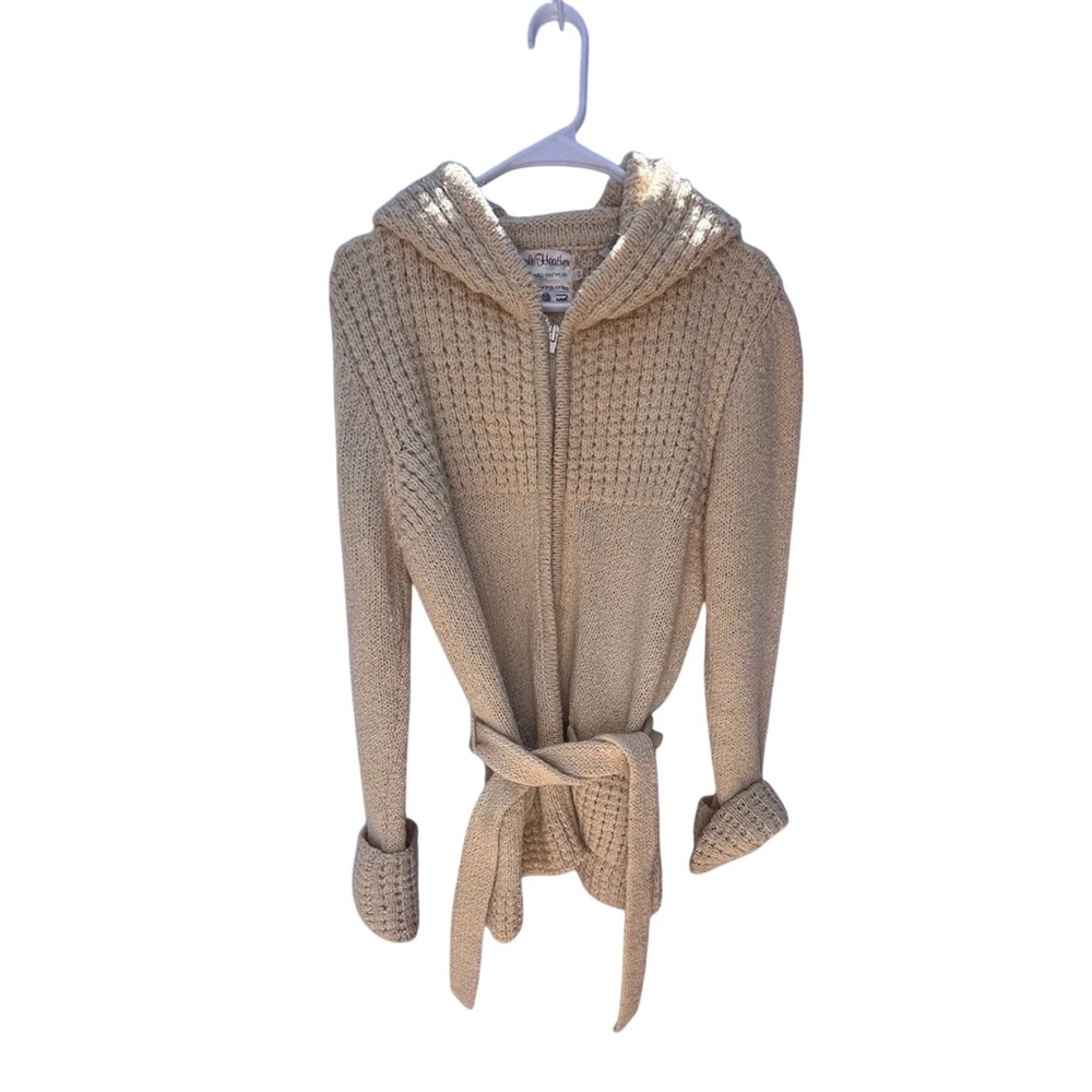Vintage Simple Heather Handloomed Wool Cardigan Sweater Hooded Belted Beige S‎